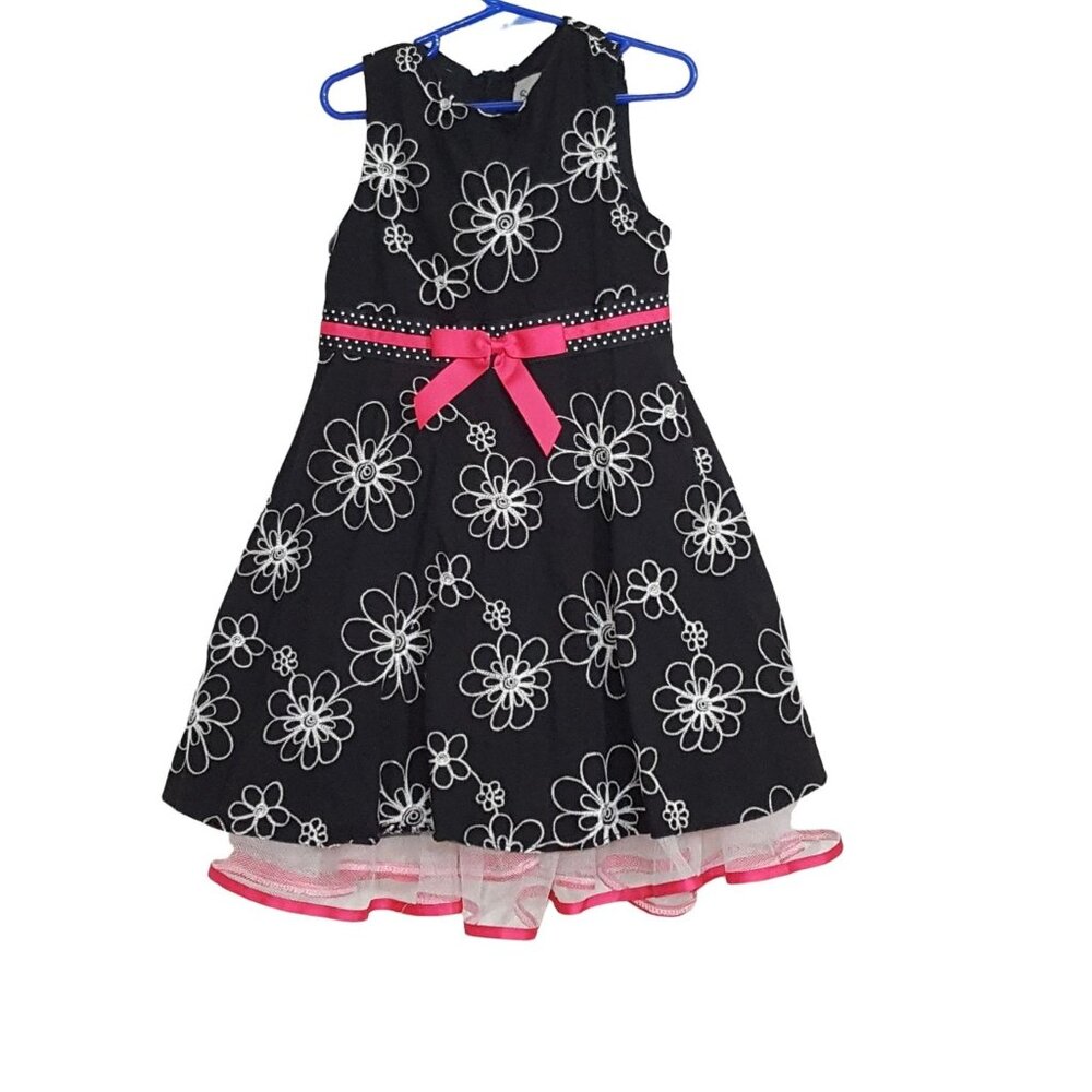 Girls Size 6 Dress Sleeveless Black Embroidered Floral Pink Bow Tulle‎ Trim